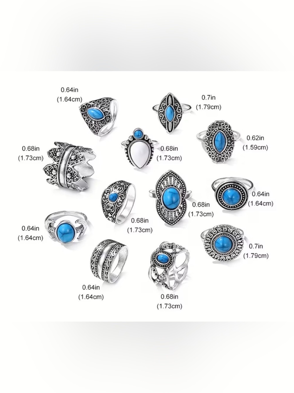12 Pcs Bohemian Turquoise Silver Stackable Ring Set - Women Jewelry - Picture 2 of 2